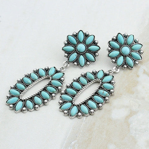 Turquoise Flower Concho Post Earrings with Oval Dangle Concho pendant