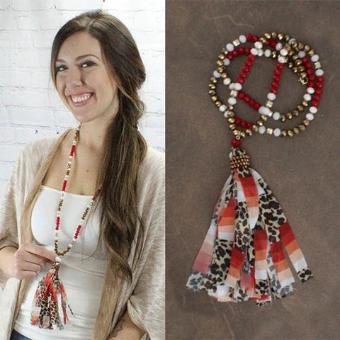 Red, White, & Copper Crystal Necklace with Leopard striped Tassel