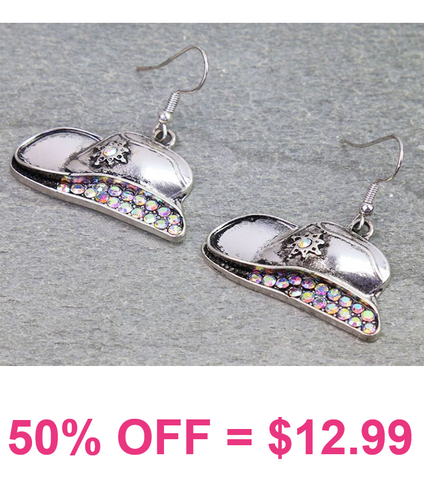Silver & Bling Cowboy Hat Dangle Earrings
