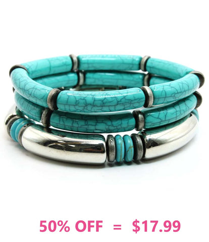 Turquoise and Silver beaded bracelet set