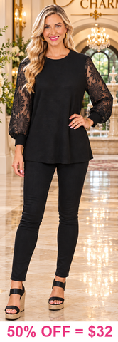 3X : Black Waffle Knit top with lace sleeves