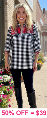 Checkered baby doll top with red embroidery-Oversized
