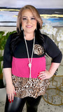S/M : Black, Pink, & Leopard Color Block Flutter Top