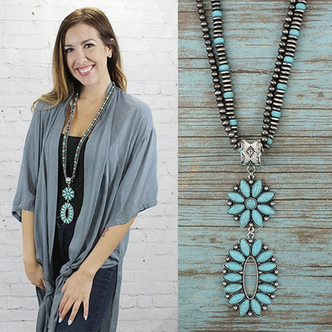 Turquoise & Silver 2 Strand Long Necklace with Large Oval Concho Pendant