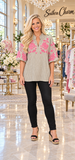 Tan Plaid Blouse with Pink Embroidery puff sleeves