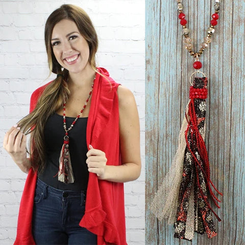 Red crystal necklace with metallic tassel