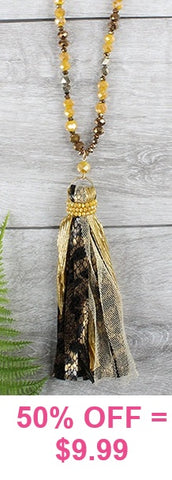 Mustard crystal necklace with metallic tassel