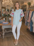M, 3X Blue Stripe Beautiful Embroidery Sleeve Top