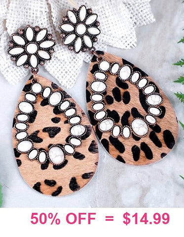 Leopard Teardrop earrings with cream conchos