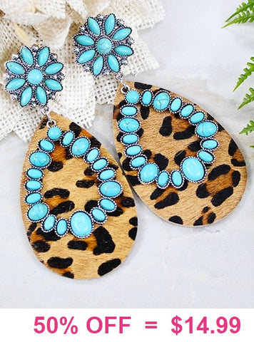 Leopard Teardrop earrings with Turquoise conchos