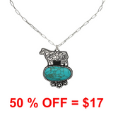 Western Floral Cow w/Turquoise Stone Necklace