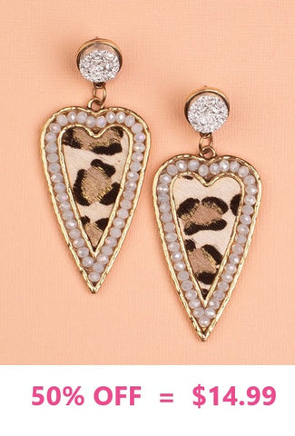 Cream Leopard Heart Earrings with Druzy Stud Post
