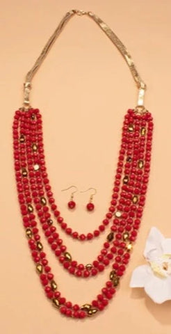 Red & Copper Crystal Beaded 5 Strand Layered Necklace