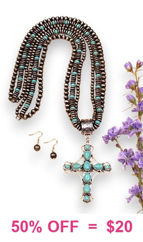 Silver 3 strand necklace with Turquoise cross pendant