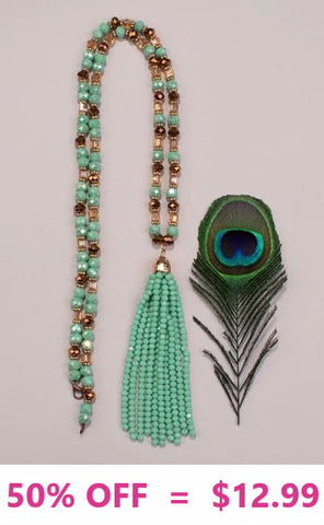 Turquoise & Copper crystal necklace with beaded tassel