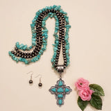Last Two**Turquoise Cross Pendant Necklace with Double Strand chip beads & Silver Navajo pearls