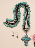 Turquoise Cross Pendant Necklace with Double Strand chip beads, & Silver Navajo pearls