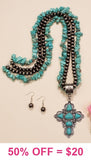 Last Two**Turquoise Cross Pendant Necklace with Double Strand chip beads & Silver Navajo pearls
