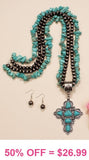 Turquoise Cross Pendant Necklace with Double Strand chip beads, & Silver Navajo pearls