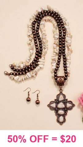 Cream Cross Pendant Necklace with Double Strand chip beads, & Copper Navajo pearls
