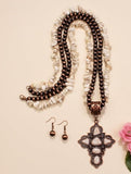 Cream Cross Pendant Necklace with Double Strand chip beads, & Copper Navajo pearls