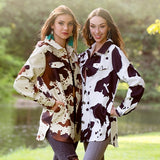 L, 2X : Brown cow print button up coat