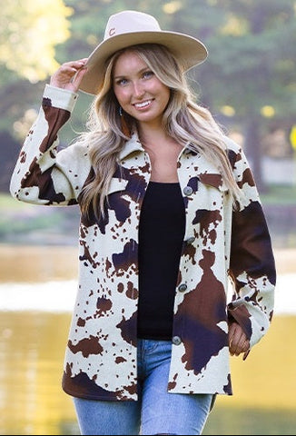 L, 2X : Brown cow print button up coat