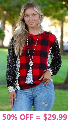 Red Plaid top with black sequin long sleeves and white leopard sides