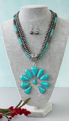 3 Strand Silver Navajo Pearl Necklace with Large Turquoise Squash Pendant