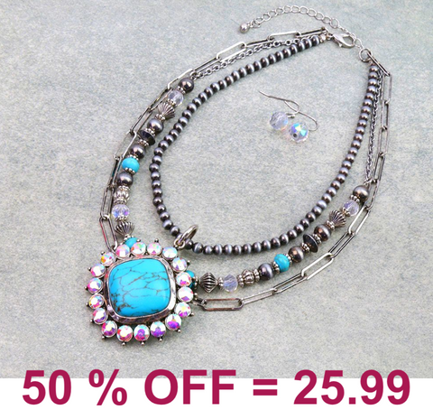 3 Layered Western Concho Stone Pendant Necklace Set