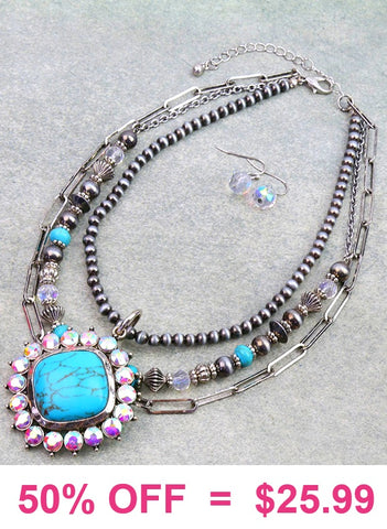 Bling Turquoise pendant 3 Layered Necklace Set