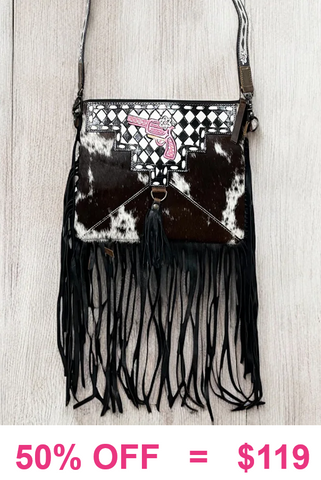 Checkered, Pink gun, Genuine Leather Cow hide, fringe bag