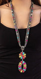 2 Strand Silver Navajo Pearl Necklace with Multi Color Oval Concho Pendant