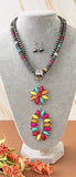 2 Strand Silver Navajo Pearl Necklace with Multi Color Oval Concho Pendant