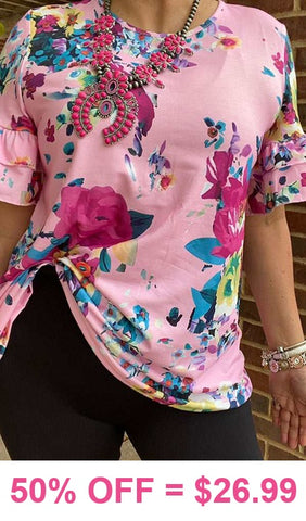 S, M, L, 2X Pink Floral Top with ruffle short sleeves