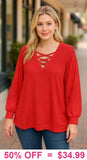 Red waffle knit with lace insets and criss cross neck