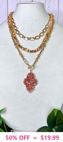Gold Chain & Crystal Beaded Layer Necklace with Rose Gold Glitter Pendant