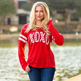 2X,3X : XOXO Red long sleeve with sequin arm stripes