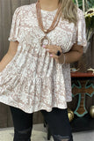 L, XL, 2X, 3X Taupe & White floral baby doll top