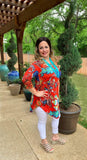 S, M, L, 3X : Tangerine Floral Scoop Tunic Top