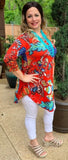 S, M, L, 3X : Tangerine Floral Scoop Tunic Top