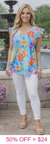 Blue floral top cap sleeves