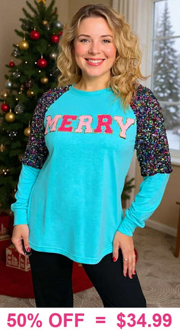 MERRY Blue long sleeve sequin shoulders
