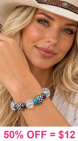 Crystal, Turquoise, Checkered beaded stretchy bracelet