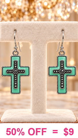 Turquoise mint stone silver cross earrings
