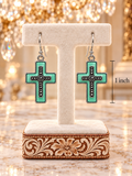 Turquoise mint stone silver cross earrings