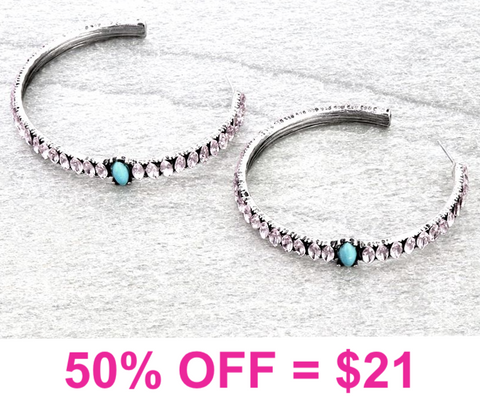 Large Bling Hoop Earrings with Turquoise stone