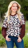 Pink leopard top with brown waffle knit