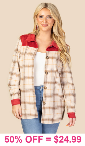 Cream plaid shacket rust shoulders