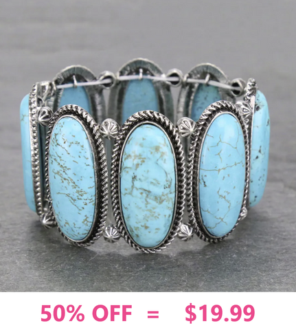 Turquoise Color Stone, Silver Setting, Western stretch bracelet